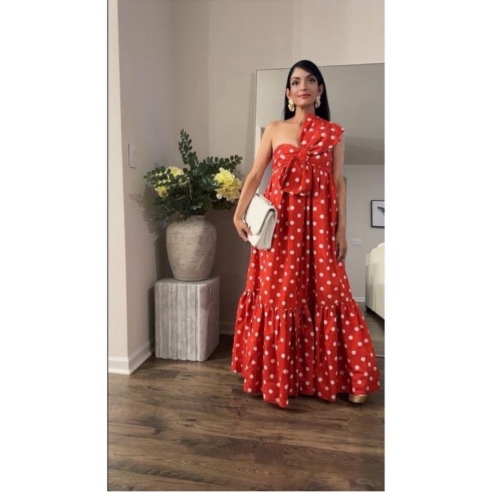 Anthropologie Atsu Sally Bow Polka Dot One Shoulder Midi Dress Red Medium NWT - Picture 5 of 12